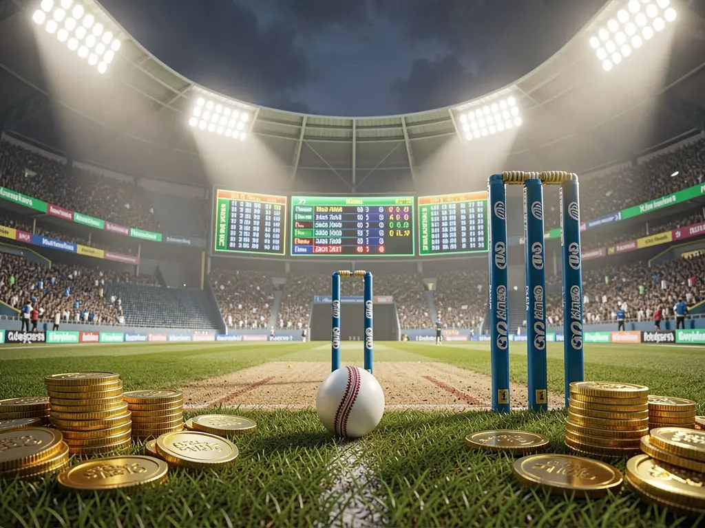 9V9 live cricket betting scene featuring a cricket pitch illuminated by bright stadium lights, wickets, a ball, golden coins, and glowing odds panels in a cinematic realistic render