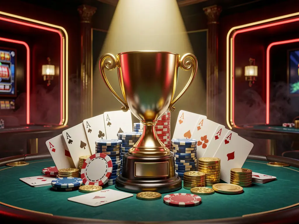 9V9 casino tournament bonus concept featuring a golden trophy surrounded by poker chips, playing cards, and coins under a bright spotlight in a competitive luxury casino atmosphere with dark background and red and gold neon accents