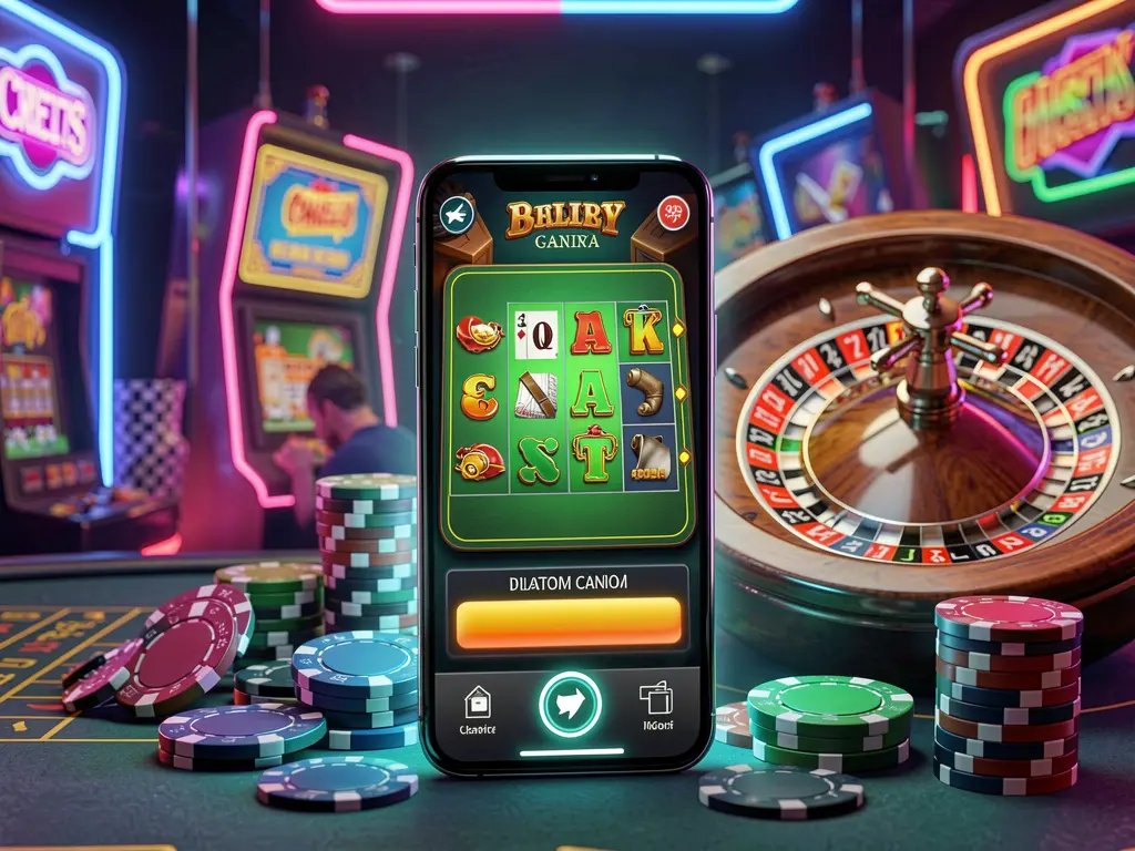 9V9 online casino platform concept with a smartphone displaying a glowing casino interface, surrounded by a roulette wheel and poker chips on a premium neon background