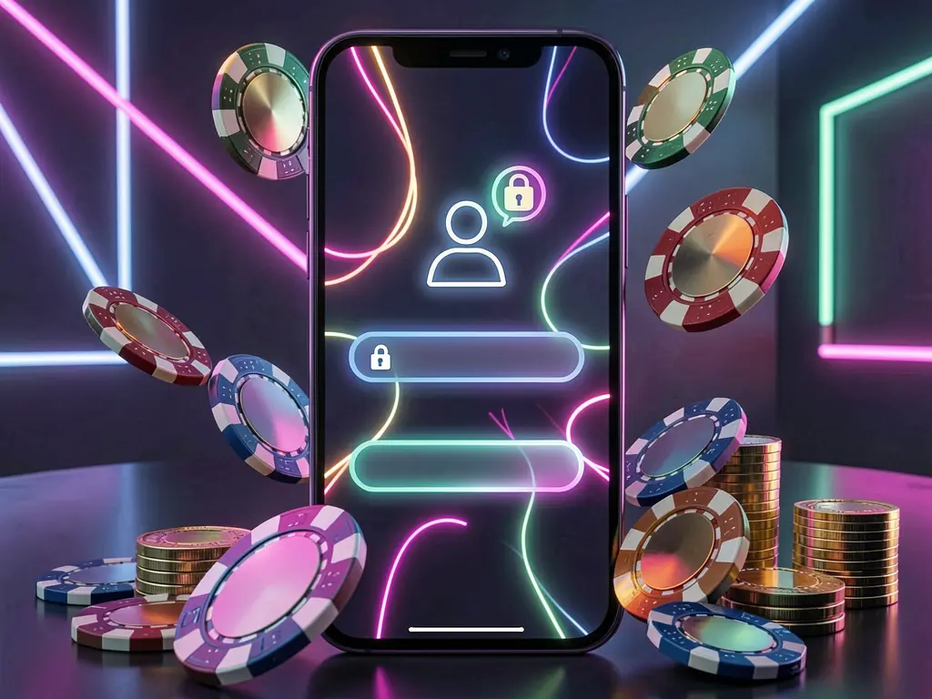 9V9 mobile gaming login page concept featuring a smartphone with an abstract login interface displaying user and lock icons, surrounded by casino chips and coins illuminated by luxury neon lighting